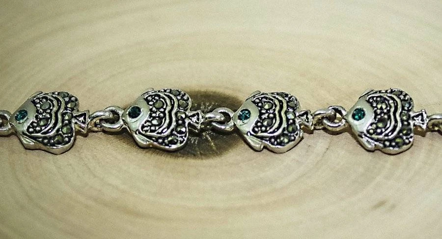 Pulsera Pez Platija Plata Mexicana 925 Taxco con Circón Verde - 7"L Foto 4 de 4