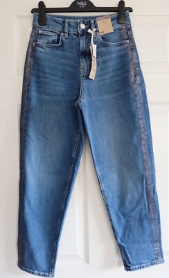 Ex M&S High Rise MOM Med Indigo GLITTER Jeans UVP 45£