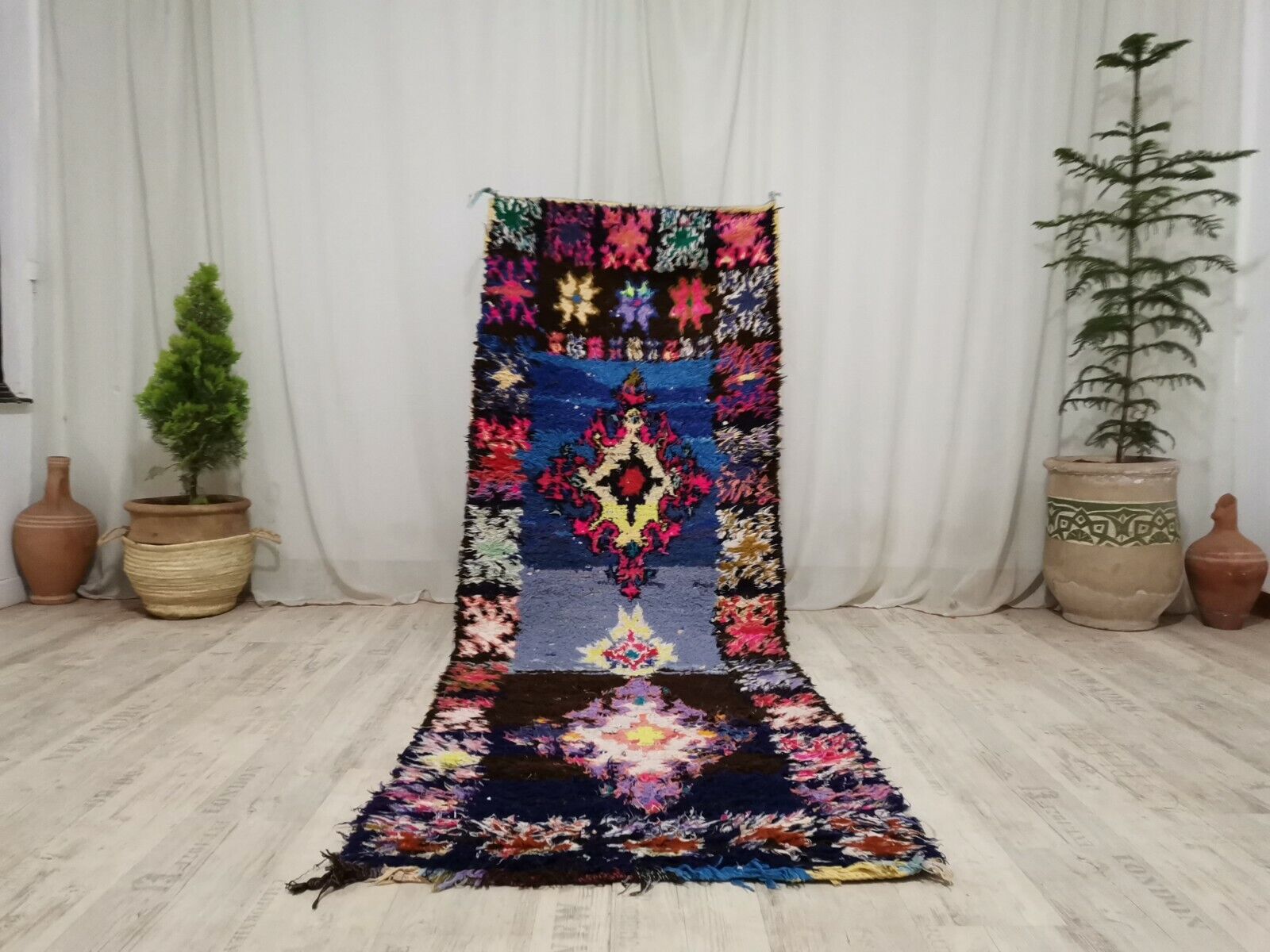 Vintage Moroccan Handmade Rug 2'9"x8'1" Berber Geometric Blue Shades Wool Carpet