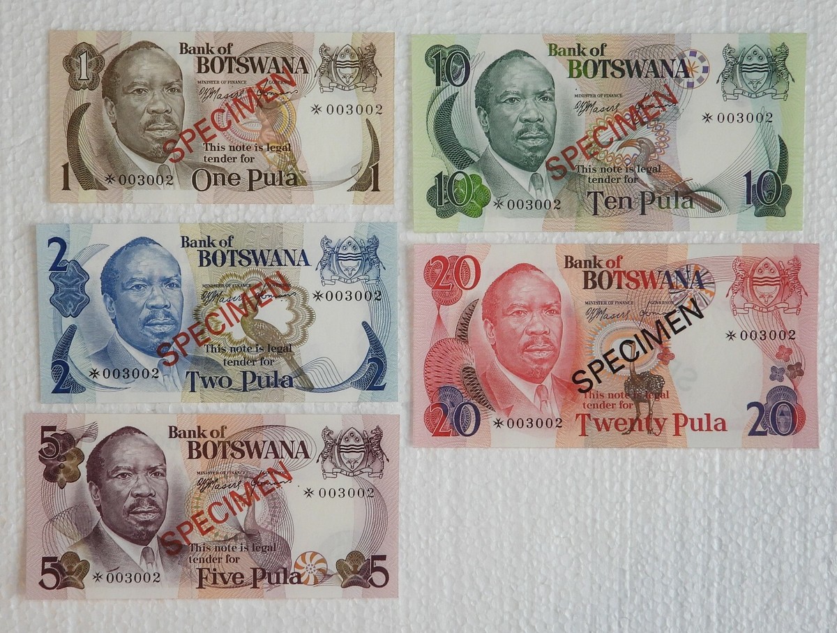 BOTSWANA・SPECIMEN・1・2・5・10・20プーラ【1979年】 Botswana 1979 Five Note Specimen Set 1 Pula to 20 Pulas