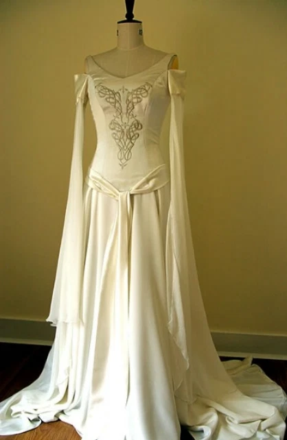 Vintage Satin Wedding Dresses With Belt Off The Shoulder Long Sleeve Bridal Gown - Image 3 of 4