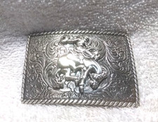 Nocona Buckles Silver Flower Engraved Bucking Bronco Rectangle Buckle Great  