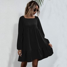 Womens Square Neck Long Lantern Sleeve Ruffle A-Line Short Mini Dress