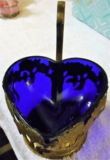 Blue Glass Heart Shape Dish Encased In Floral Brass Holder Decoration Display