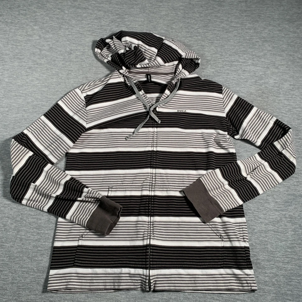 RVCA Hoodie Mens Small Black White Striped Full Zip Cotton Polyester Hooded - Imagem 3 de 4