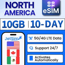 USA Canada Mexico eSIM 10GB High-Speed, 10 Day  JetSim/Travel SIM