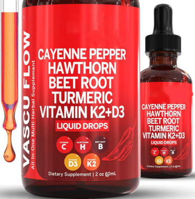 Vascu Flow Cayenne Pepper Liquid Drop Hawthorn Beef Root Turmric Vitamin K2+D3 #