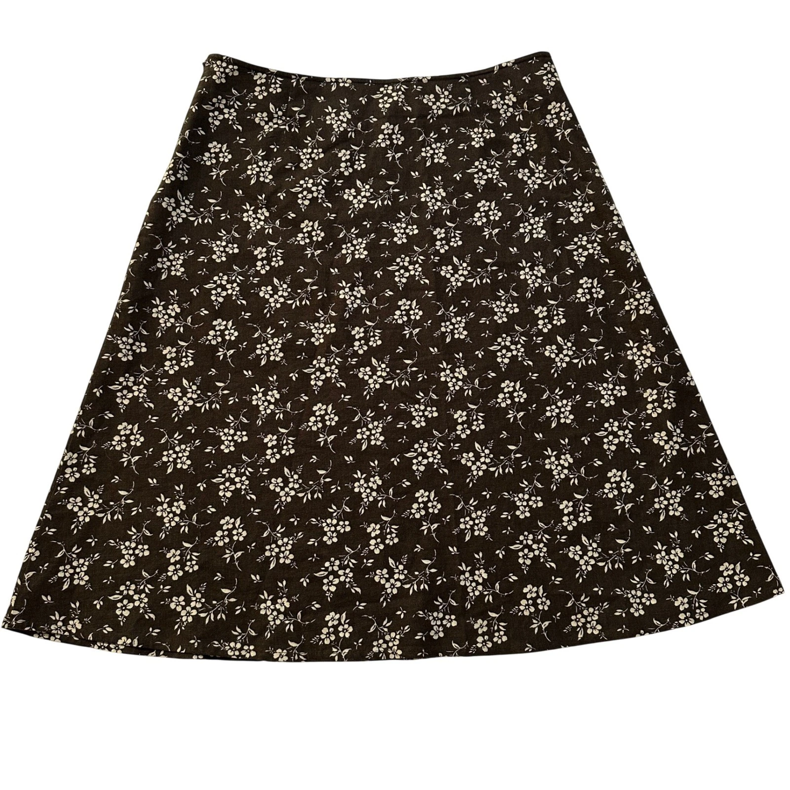 Eddie Bauer Floral Midi Skirt Womens 8 Brown Linen Cotton Cottagecore Modest