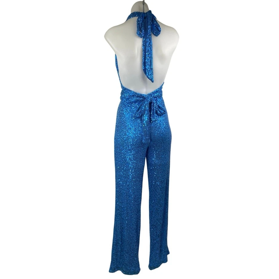 Moda Mono Nova Azul Lentejuelas Sin Mangas Capucha Cuello Halter Pierna Recta Talla S Foto 2 de 4