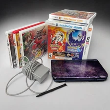 VG Nintendo 3DS XL Galaxy +Charger/Stylus + Pokémon Sun & Moon 5 CIB Games w/Box