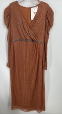 Mac Duggal NWT Copper Beaded Puff Sleeve Dress Rhinestone Waist Sz 16