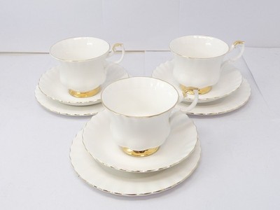 3 Royal Albert Val D Or Bone China Tee Trio Tassen Untertassen Teller weiß vergoldet