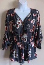 Gray Floral Tunic Blouse, J For Justify Large, Elastic Waist Metal Zip Whimsical