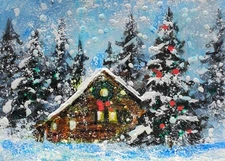 ACEO Original  PAINTING Winter XMAS HOUSE Cabin Trees Snow Holiday Landscape ART