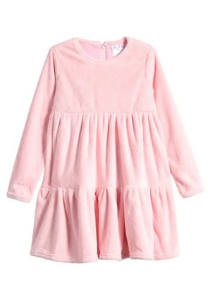 Tiny Tribe Kids' Long Sleeve Tiered Velour Dress In Pink Size 5 New