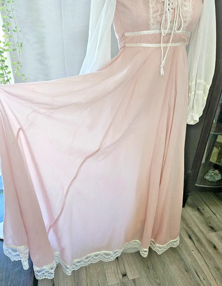 Gunne Sax by Jessica Vtg Maxi Dress Lace-up Corset Bodice Sheer Sleeves Sz 3 - Image 4 of 4