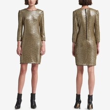 DKNY Gold Sequin Cocktail Party Dress Size 10 Sheath 3/4 Sleeve