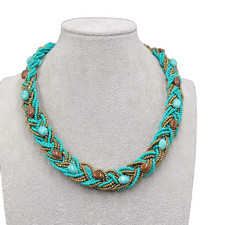 Brown Blue Glass Bead Necklace Braided Seed Bead 18"