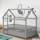 Twin Floor Bed Frame with Roof, Wooden Montessori Bed with Fence, House Grey