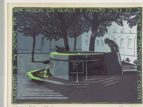 Arte enmarcado grabado en madera años 60 Maurizzio Allesandri Torino monje en la fuente - Imagen 4 de 12