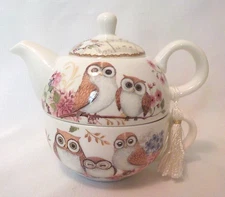 SUMMER RIVER by BV Tea for One Porcelain Teapot Cup & Lid Cute Owls Tassel EUC