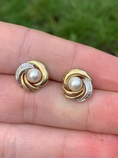 9Ct Gold Diamond And Cultured Pearl Vintage Stud Earrings 2.9 G