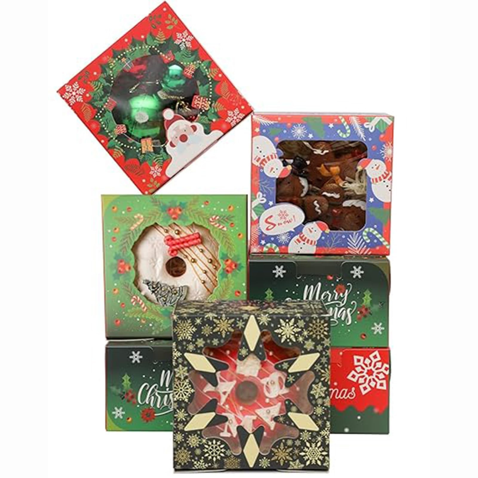 qiqee Christmas Bakery Boxes with Window 100pcs 4x4x2.5 Mini Cookie Boxes Mac...