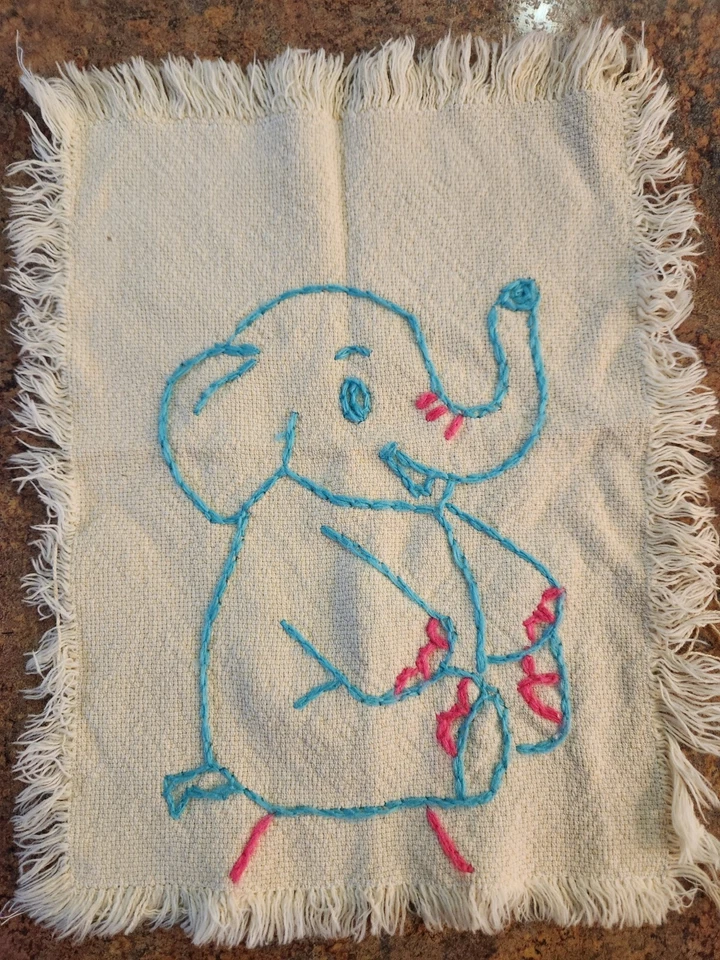 Vintage Lot of 2 Finished Crewel/Stitched Pink & Blue Elephants on Towels - Image 4 of 4