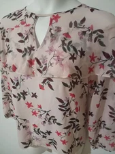 LC Lauren Conrad Women's Medium Blouse Pink Floral Ruffle Shoulder Keyhole Neck