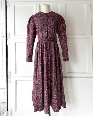 VTG 80s 90s Laura Ashley Maxi Dress Black Dark Garden Floral Cotton Medium
