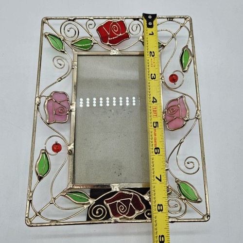 Stained Glass Roses Picture Frame Pink Red Beaded Silver Tone Free Standing - Picture 9 of 11