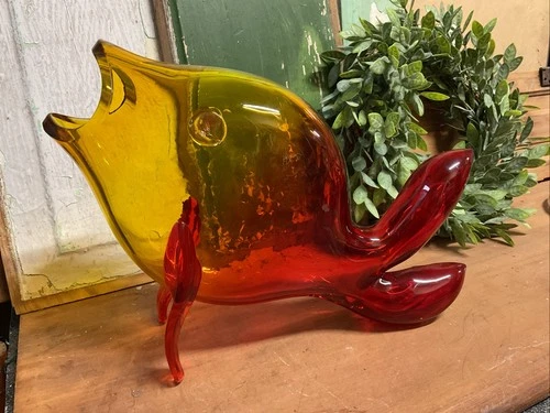 Large Vintage MCM BLENKO Glass Fish Bowl Hand Blown Amberina