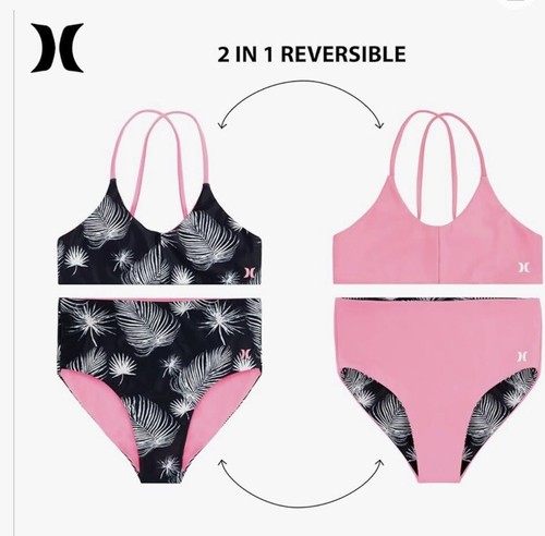 Hurley Girls' High Waisted Bikini 2-Piece Swimsuit Black/pink Reversible, Size 8 - Picture 5 of 6