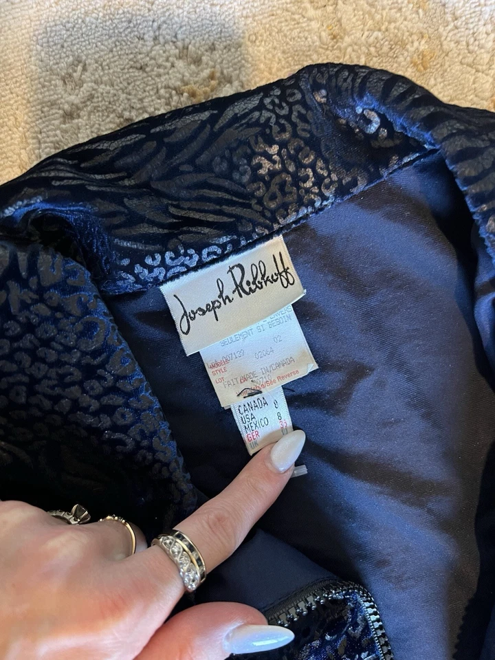 Traje pantalón de terciopelo azul estampado animal Joseph Ribkoff para mujer talla 8 vintage Foto 2 de 4