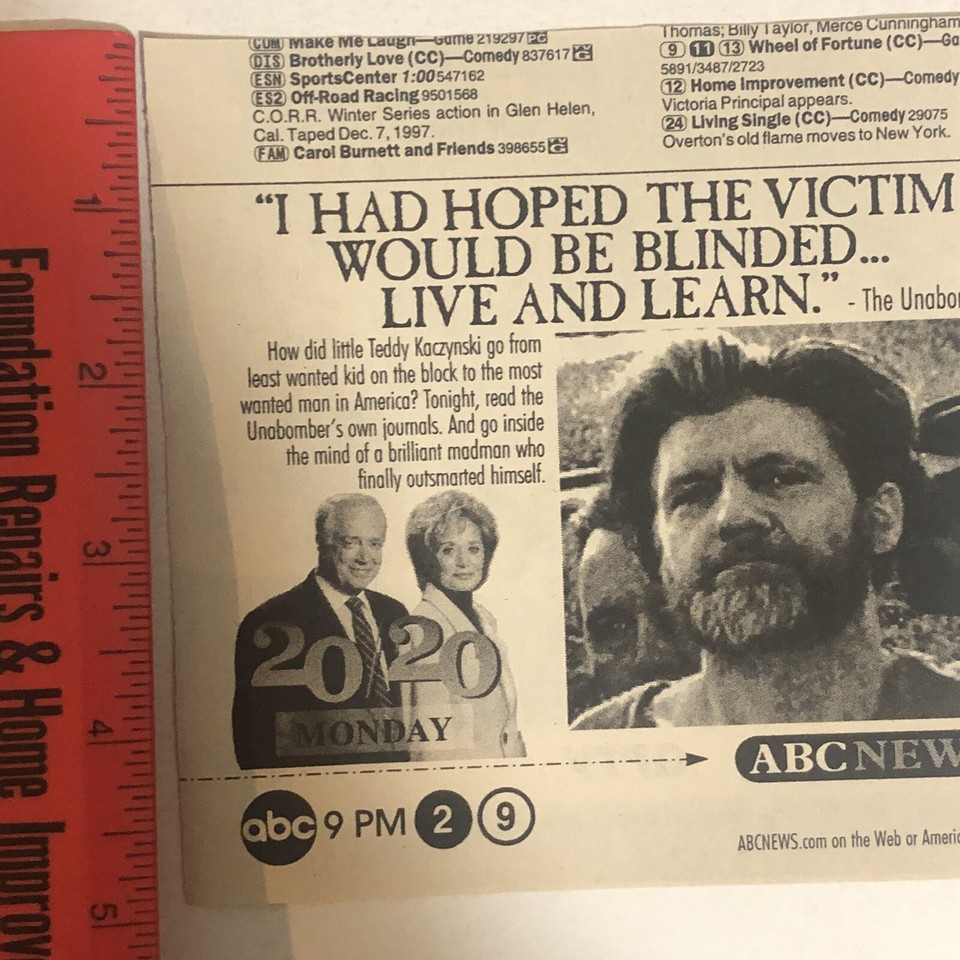 20/20 Vintage Tv Guide Print Ad Ted Kaczynski Barbara Walters Hugh