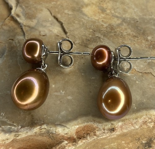 Vintage OP Sterling Silver Bronze Freshwater Dangle Pearl Earrings 7mm 5mm - Picture 4 of 6