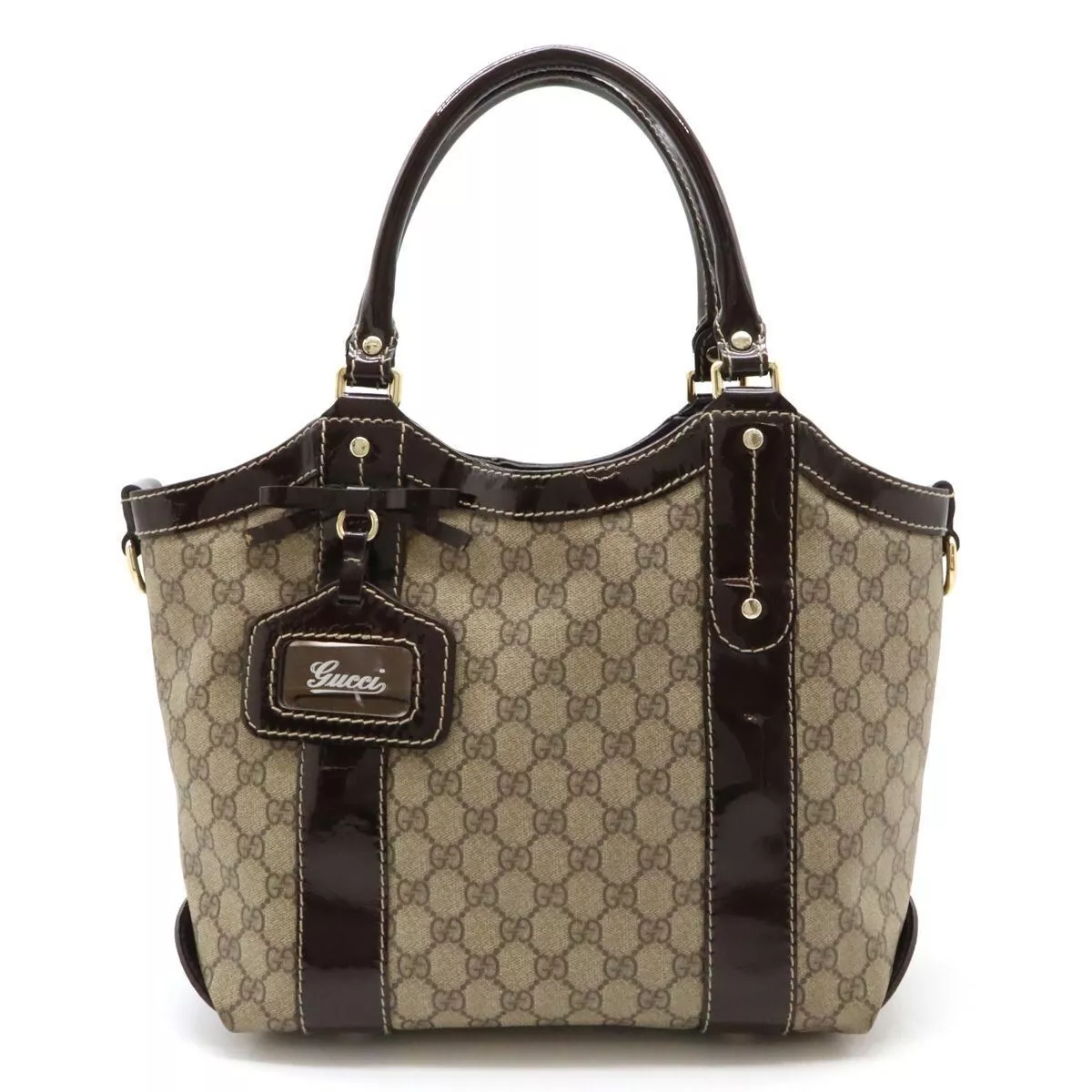 Sac fourre tout GUCCI GG Supreme ruban bandoulière PVC cuir émaillé kaki 2502M
