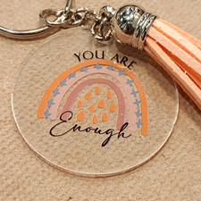 Key Chain Acrylic Round Rainbow You Are Enough Peach Tassel Bag Accessory 3.5"