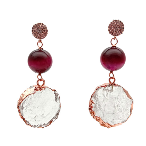 Fuchsia Tiger Eye Clear Quartz Rough Raw Coin Shape Dangle Stud Earrings - Picture 2 of 6