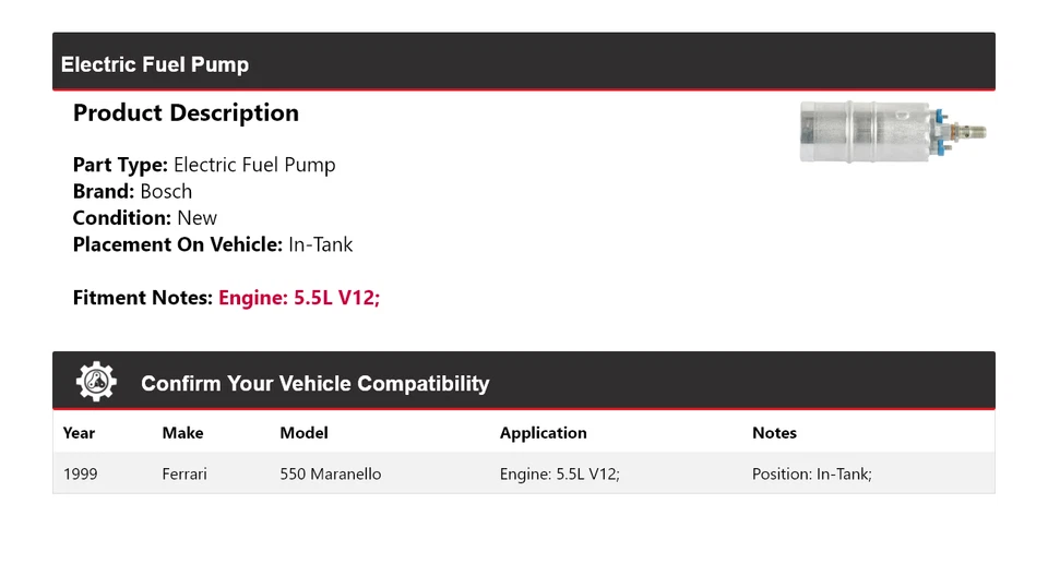 Bomba de combustible eléctrica Bosch para Ferrari 550 Maranello 1999 5,5 L V12 en tanque Foto 2 de 4