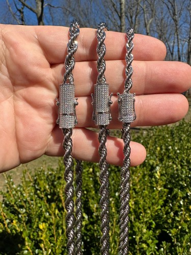 Iced MOISSANITE Clasp Real 925 Silver & Stainless Steel Rope Chain Necklace - Picture 2 of 23