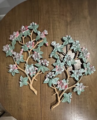2 Vintage Burwood Dogwood Cherry Blossoms #4280 1970's Wall Plaque Hanging VGC