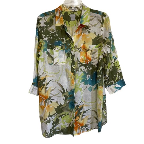 Blusa Chico's Talla 12 Estampado Tropical Lino Botón Frontal Sin Plancha Mangas 3/4