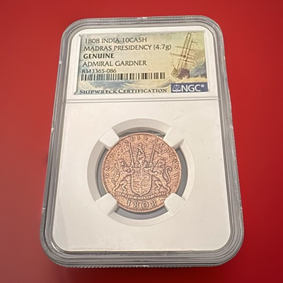 #ad 1808 India 10Cash Madras Presidency Coin 4.7g Admiral Gardner Shipwreck NGC $48.60