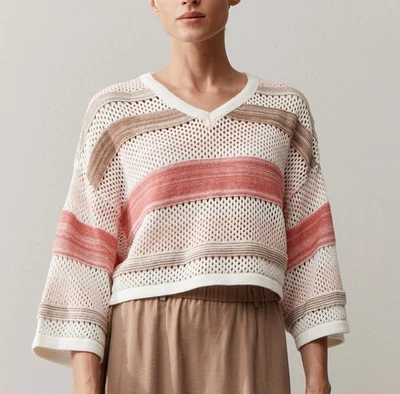 MORE & MORE Pullover kurz Streifen Häkel Optik Streifen Rosa  Cropped Größe 34 - Bild 1 von 4