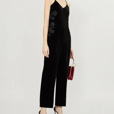 Sandro Paris Emilia Lace-Embroidered Straight-Leg Velour Jumpsuit US S/FR38 $445