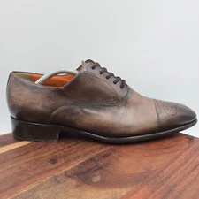 Santoni Stafford Shoes Men's 9D Brown Leather Cap Toe Brogue Oxford Burnished