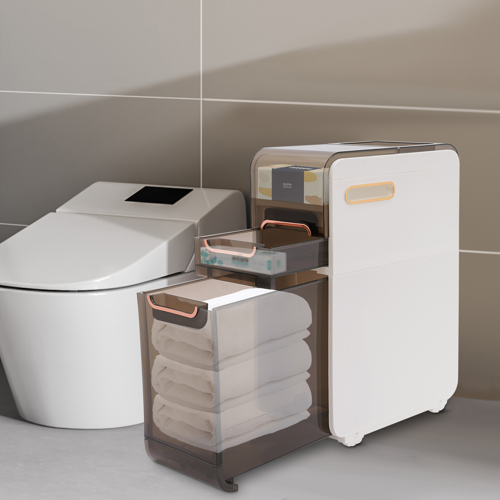Space-Saving Floor Cabinet for Narrow Bathrooms with Toilet Paper Holder