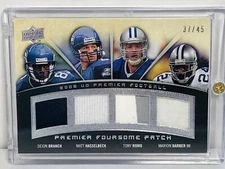 2008 UD FOURSOME BRANCH HASSELBECK ROMO BARBER GU QUAD PATCH 37/45