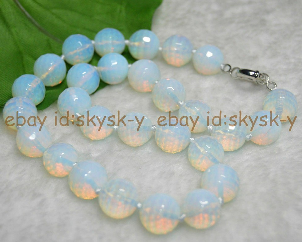 22'' 8mm Faceted White Sri Lanka Moonstone Gems Round Beads Pendant Necklace